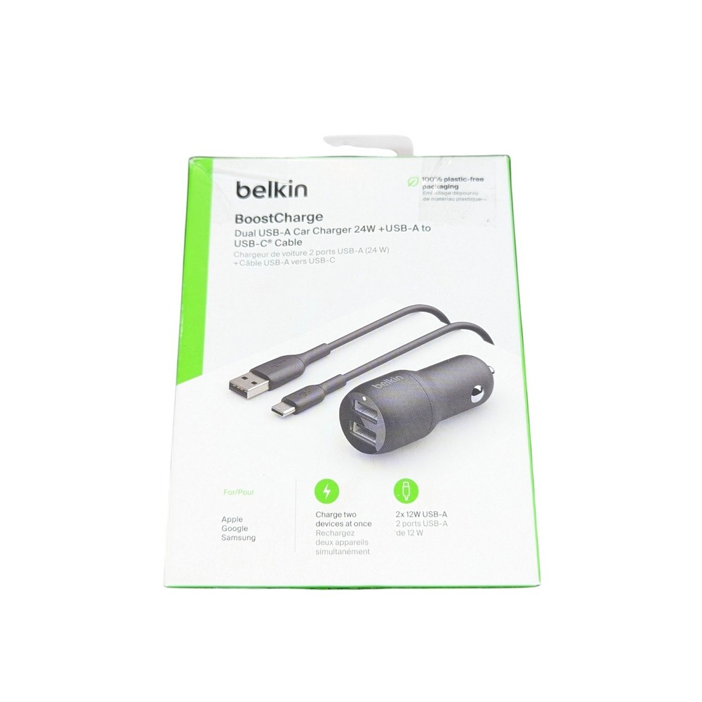 Aa3O Belkin USB-A Dual Car Charger 24W w/ USB-C‎ Cable - Black Used
